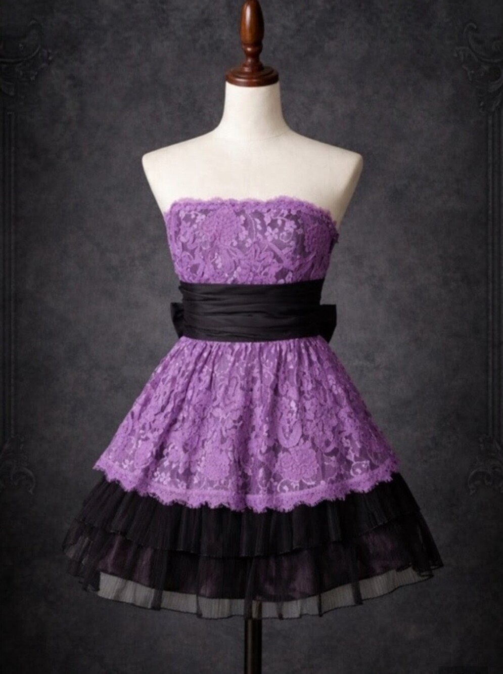 Betsey Johnson Purple Lace Strapless Dress with Black Sash